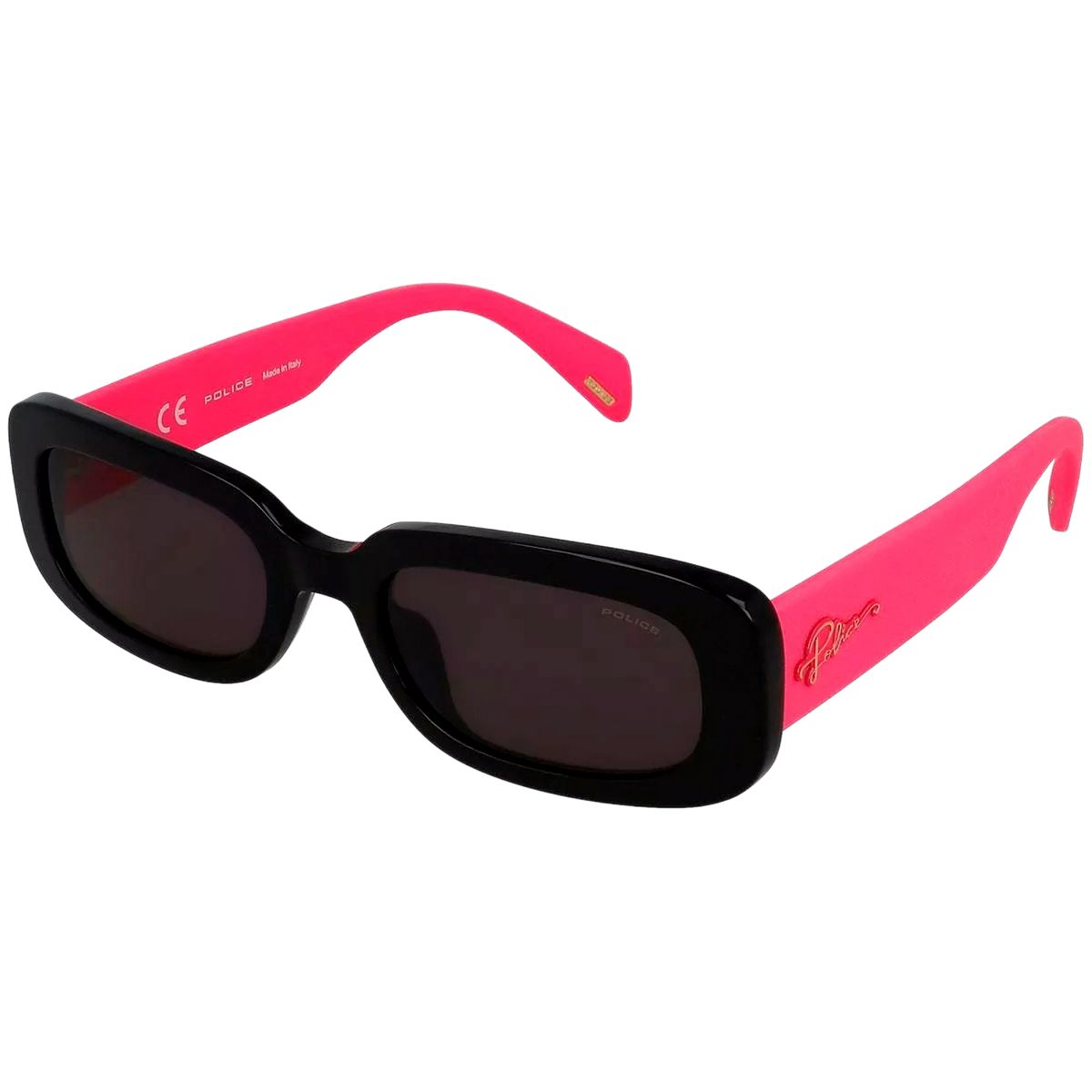 Rechteckige Sonnenbrille schwarzer Rahmen rosa Bügel