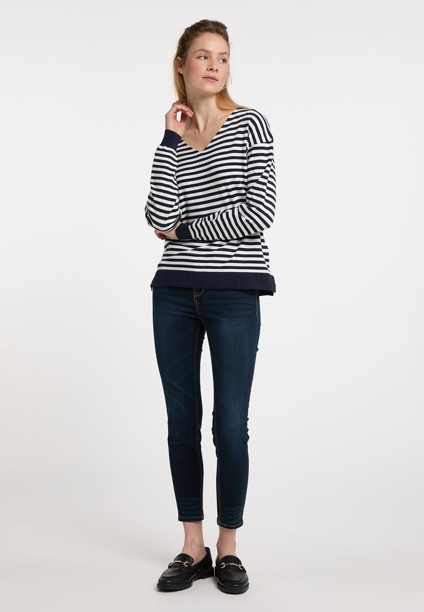 Gestreifter Strickpullover mit V-Ausschnitt