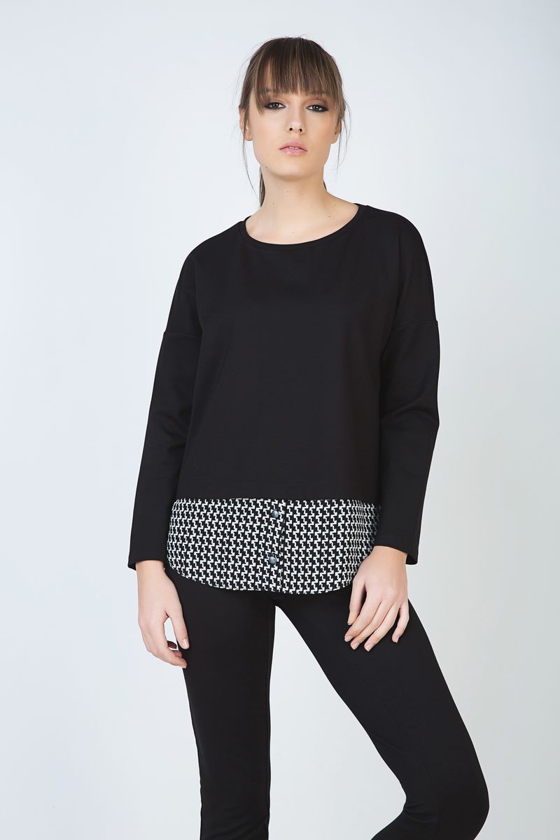 Schwarzes Langarmshirt mit Hahnentritt-Saum
