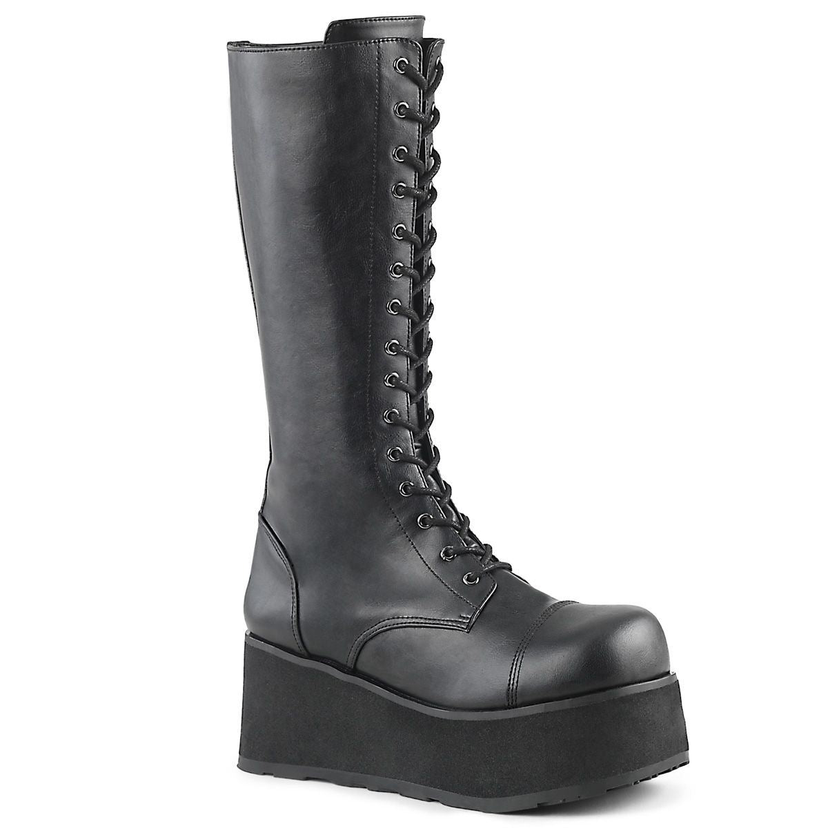 Ausgefallene schwarze Plateaustiefel aus veganem Leder