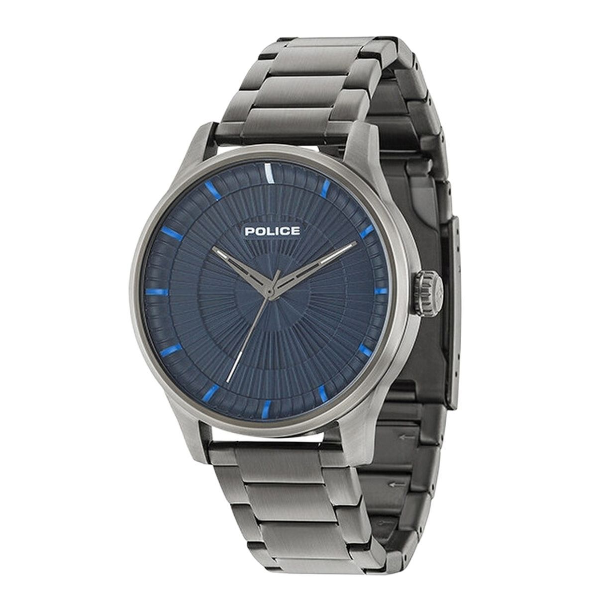 Moderne Gunmetal Armbanduhr mit blauem Zifferblatt