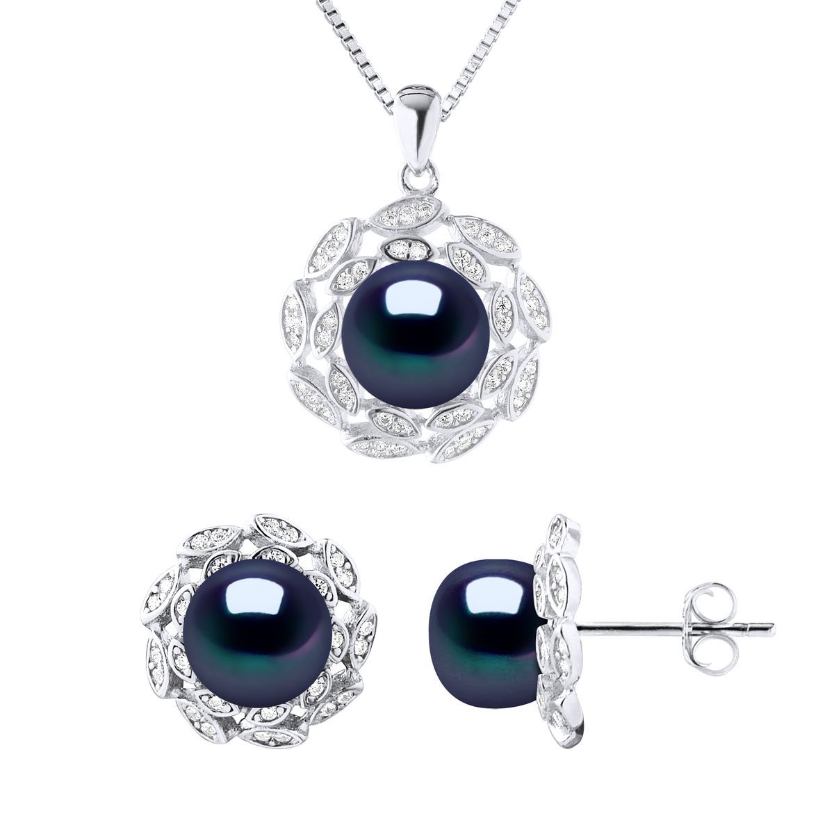Schwarzes Perlenblumen Schmuck Set