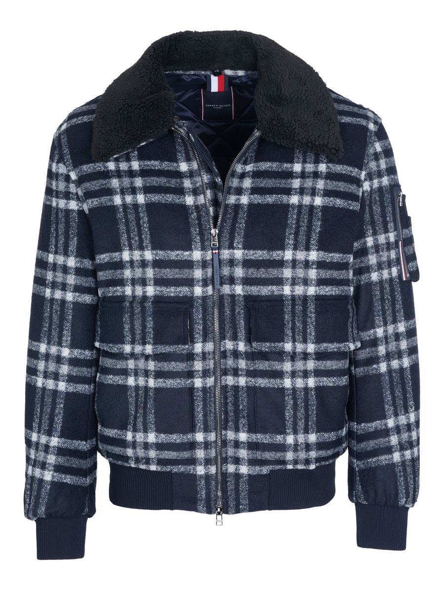 Bomberjacke mit Karomuster und Shearling-Kragen