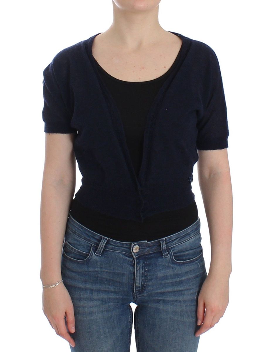 Marineblaue Wollstrickjacke mit kurzen Ärmeln