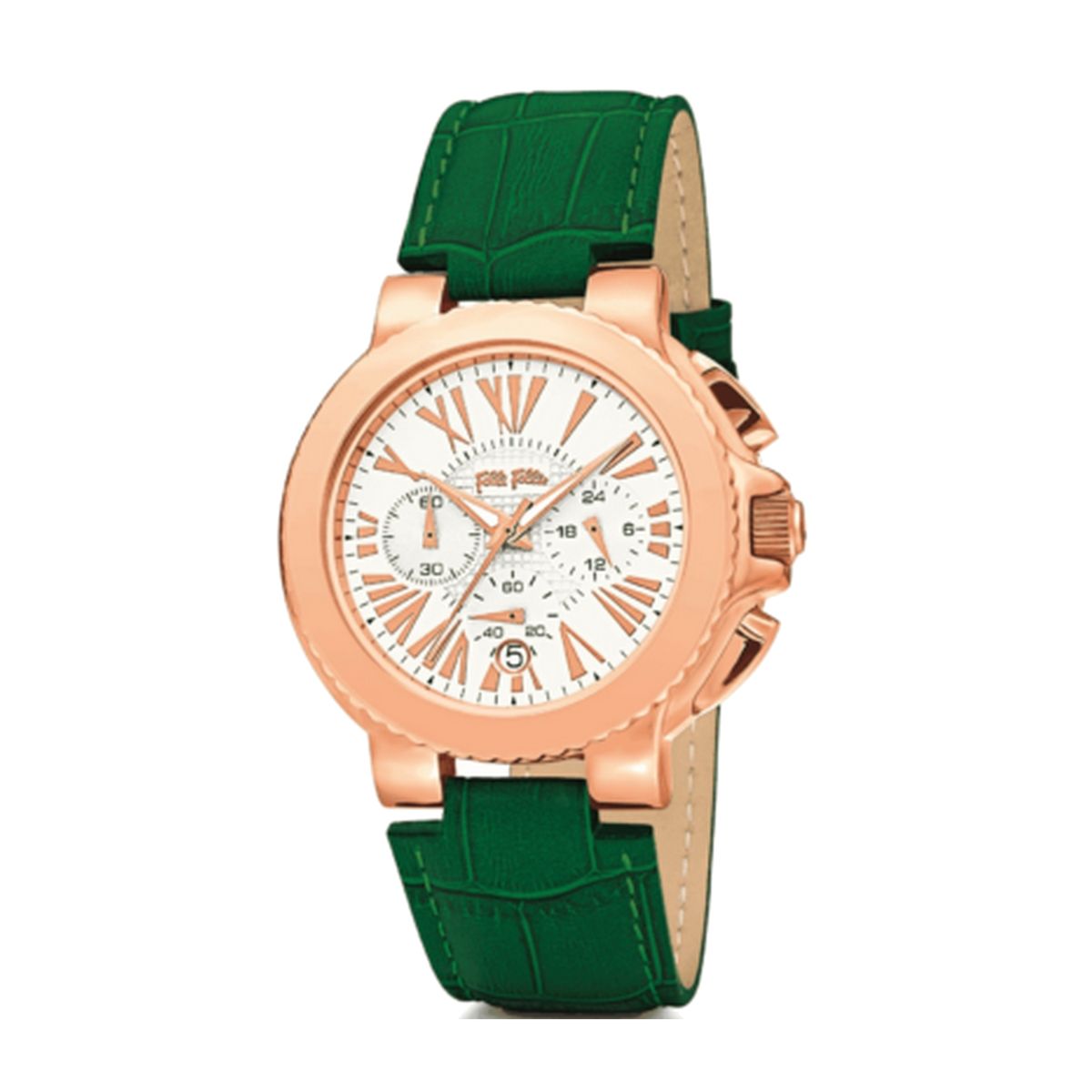 Roségold Chronograph Uhr mit grünem Armband