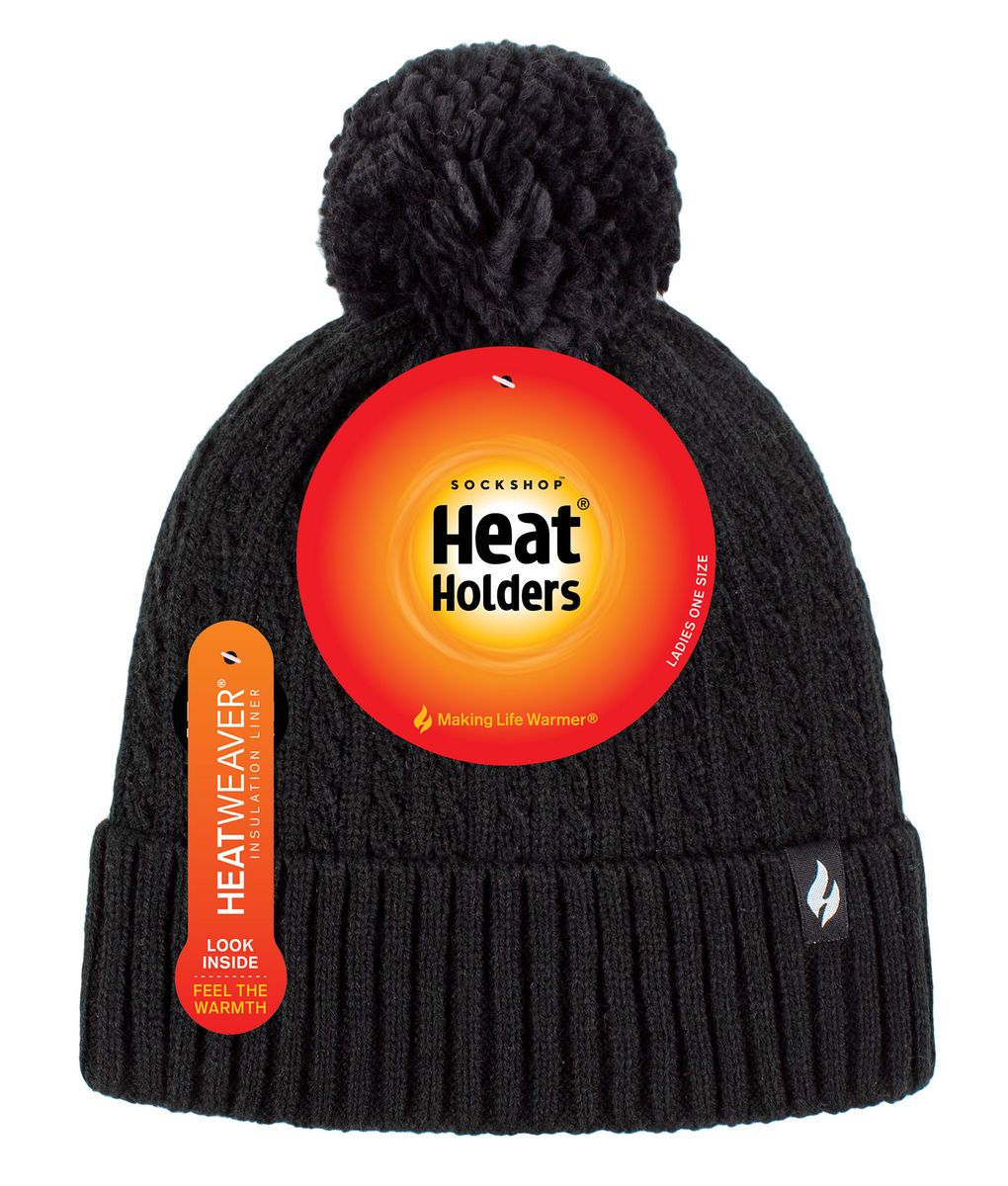 Thermostrickmütze mit Zopfmuster und Bommel