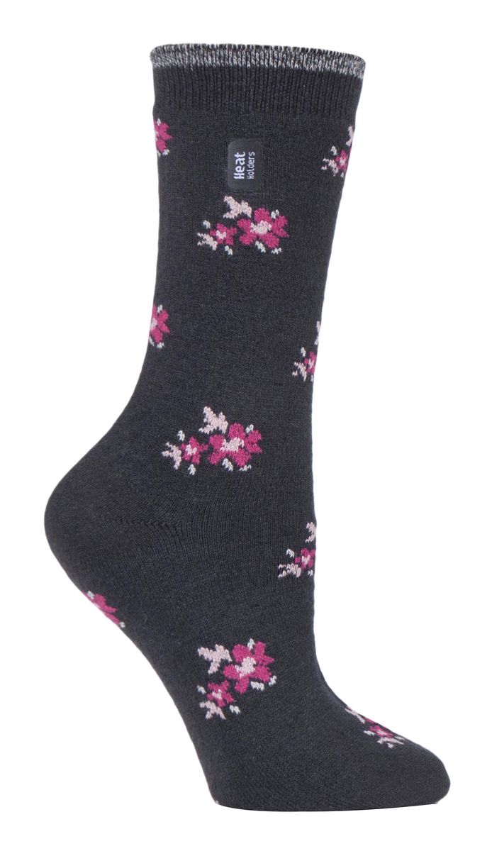 Heat Holders Damen Ultra Lite Thermo-Socken mit gebürstetem Innengarn, Anthrazit, Blumenmuster (Bellis)