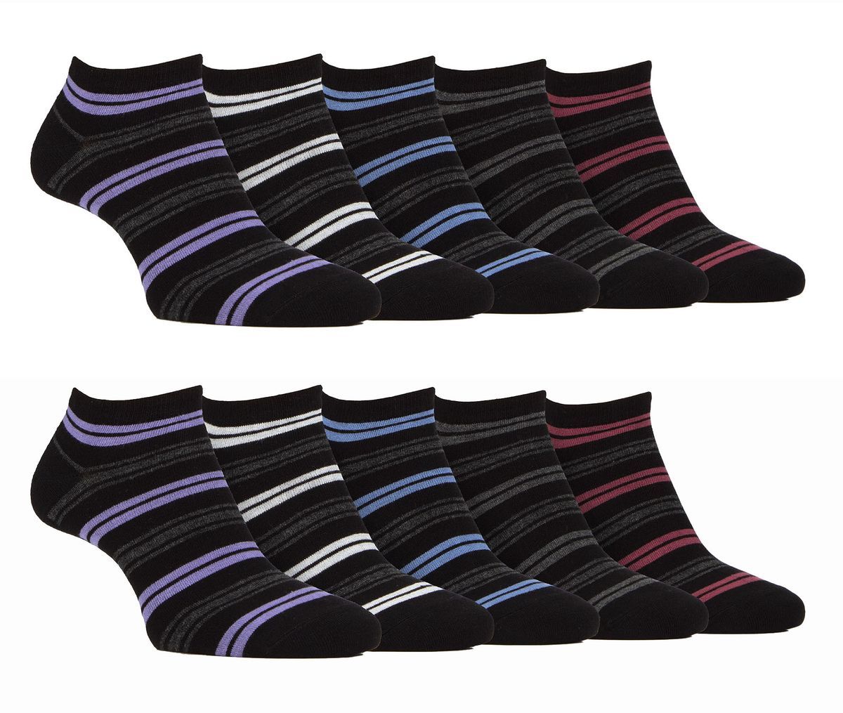 10 Paar Herren Bambus-Trainersocken | Farah | Gestreifte gepolsterte Knöchelsocken - Schwarzer Streifen