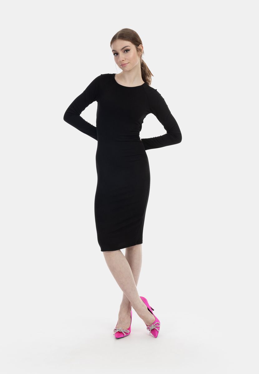 Geripptes Bodycon-Midikleid mit Langarm