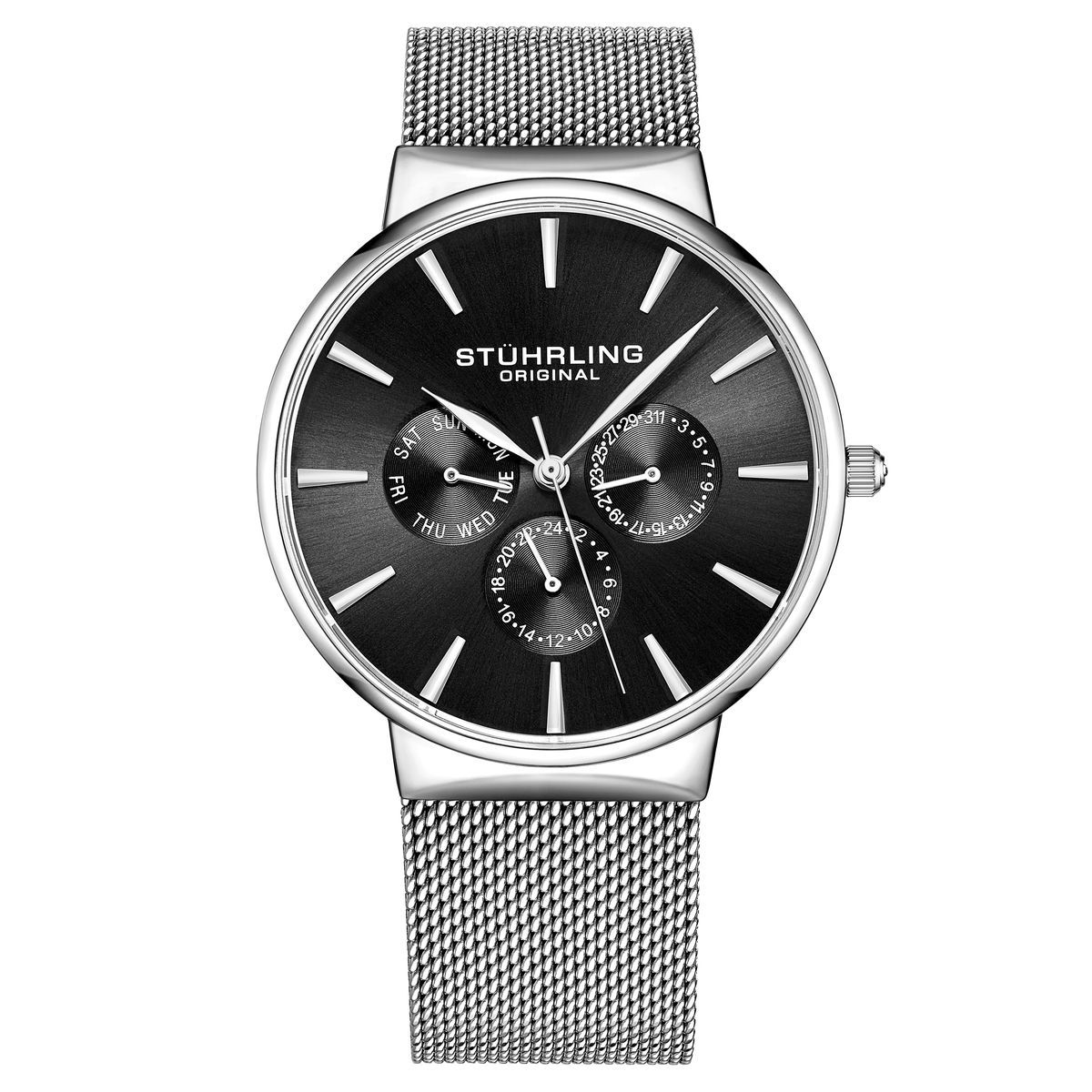 Schwarze Multifunktions-Quarzuhr mit Mesh-Armband