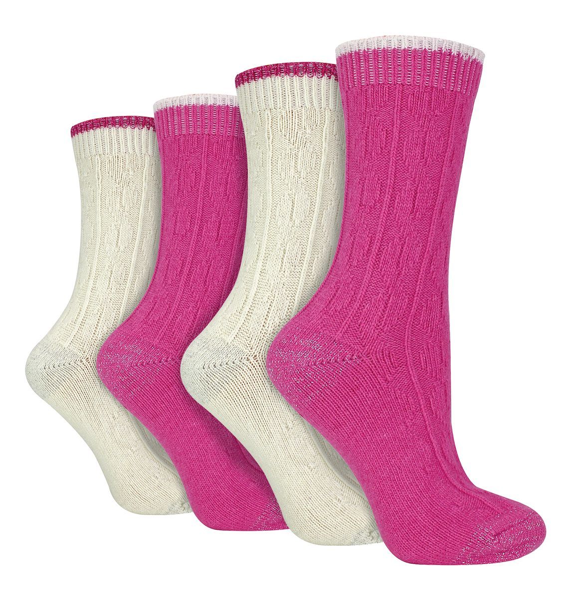 4er Pack Damen Kabelstrick Socken | Wildfeet | Lurex Glitzer Socken für Frauen - Creme/Rosa