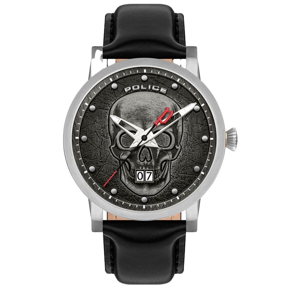 Herrenuhr Totenkopf Zifferblatt Schwarzes Leder