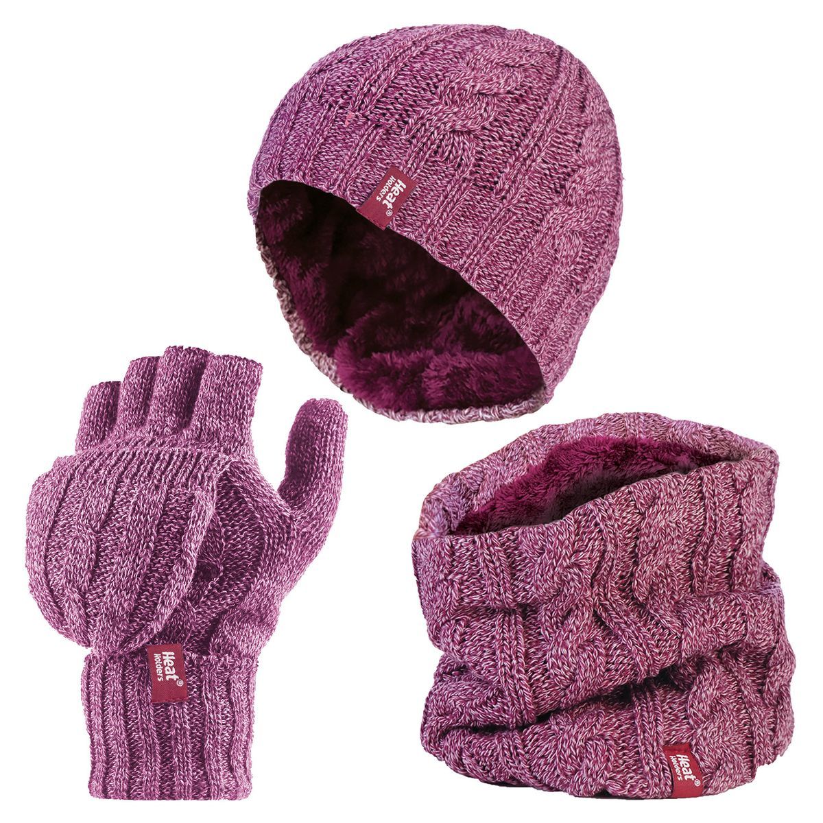 Heat Holders - Womens Thermal Winter Fleece Mütze, Halswärmer und Konverter Handschuhe Set - Rose