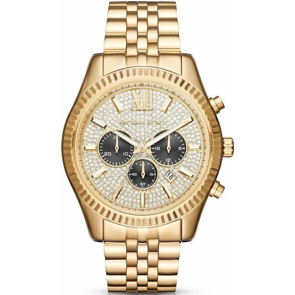 Goldfarbene Chronographenuhr mit Pavé-Zifferblatt