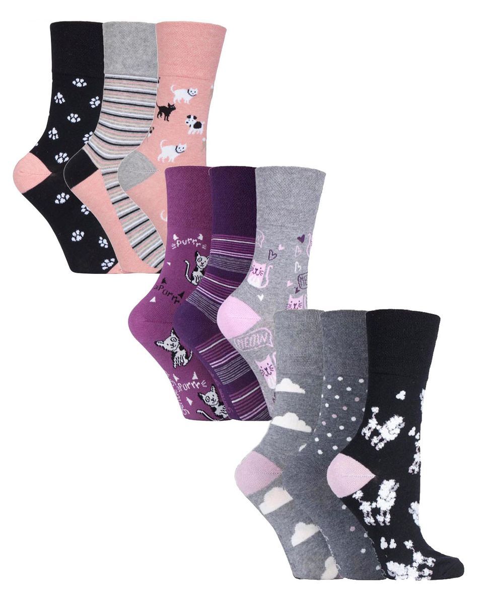 9 Paar Multipack Ladies Cotton Crew Non Elastic Socks | Gentle Grip | Womens Soft Top Striped Patterned Non Binding Socks - Cats & Dogs