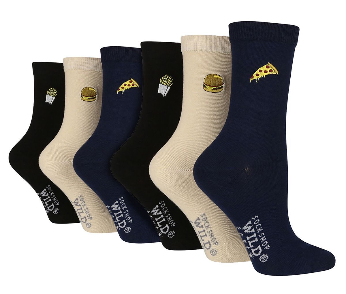 6 Pack Damen Schwarz Neuheit Socken | Wildfeet | Cute bestickte Socken in Baumwolle - Fast Food
