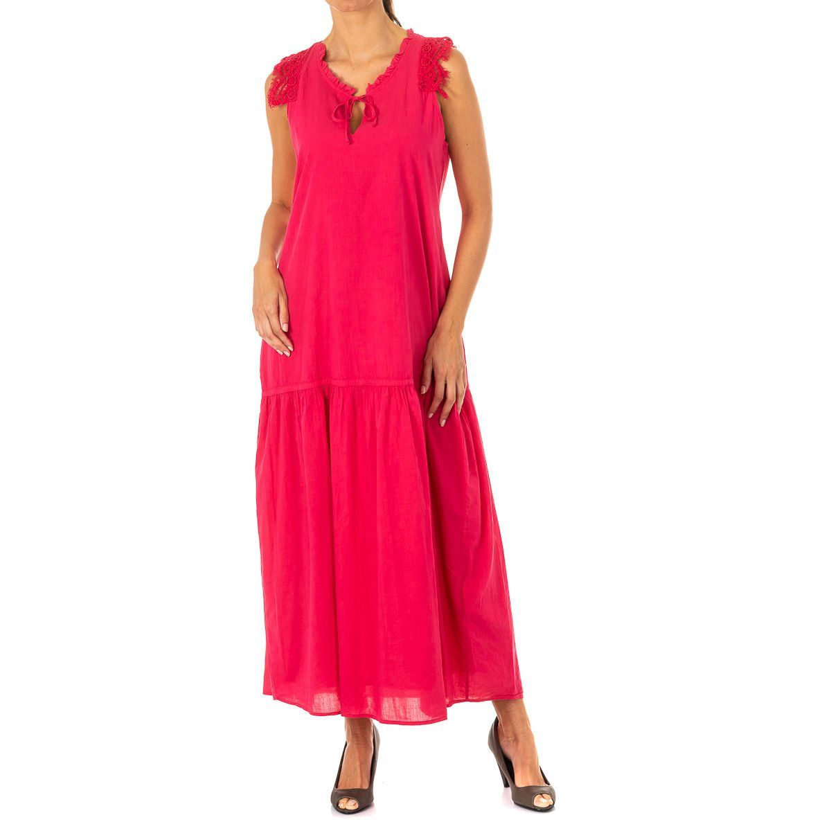 Ärmelloses Maxikleid mit Spitzendetail