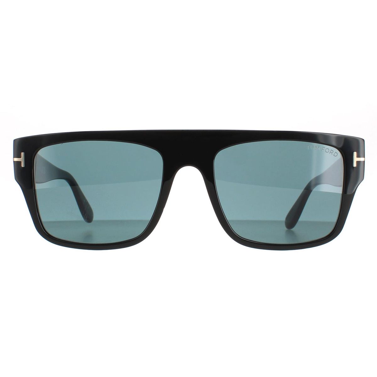 Eckige schwarze Sonnenbrille mit blauen Gläsern