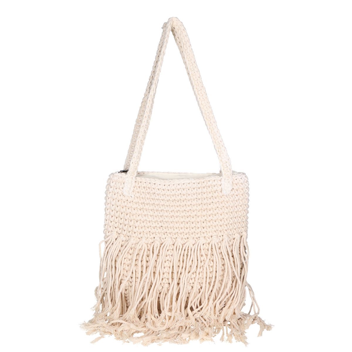 Schultertasche mit Fransen aus gehäkelter Baumwolle