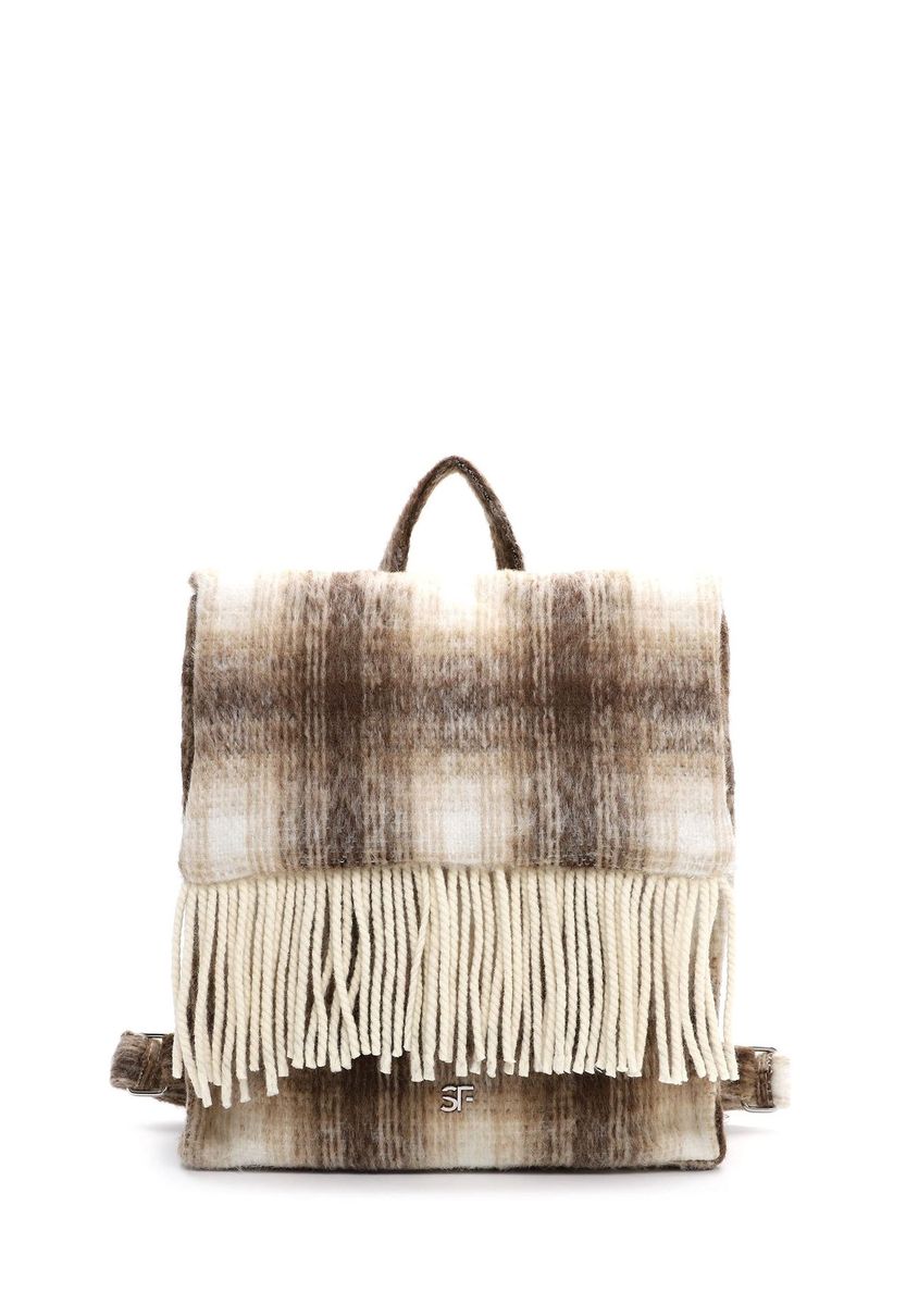 Rucksack mit Klappe in Wolloptik und Fransen