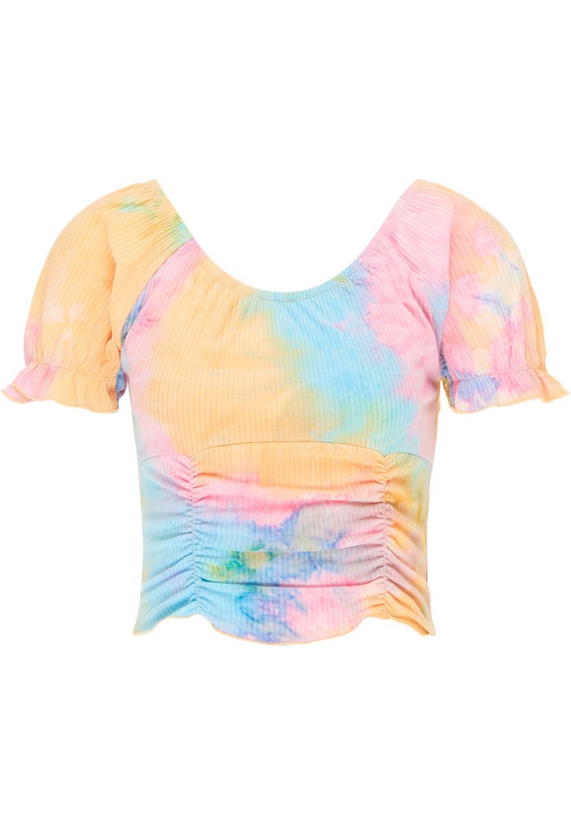 Tie-Dye Geripptes Puffärmel Crop Top