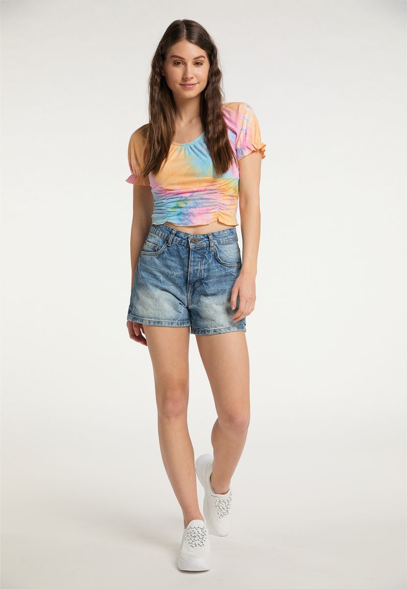 Gerafftes Batik-Crop-Top aus Rippstrick