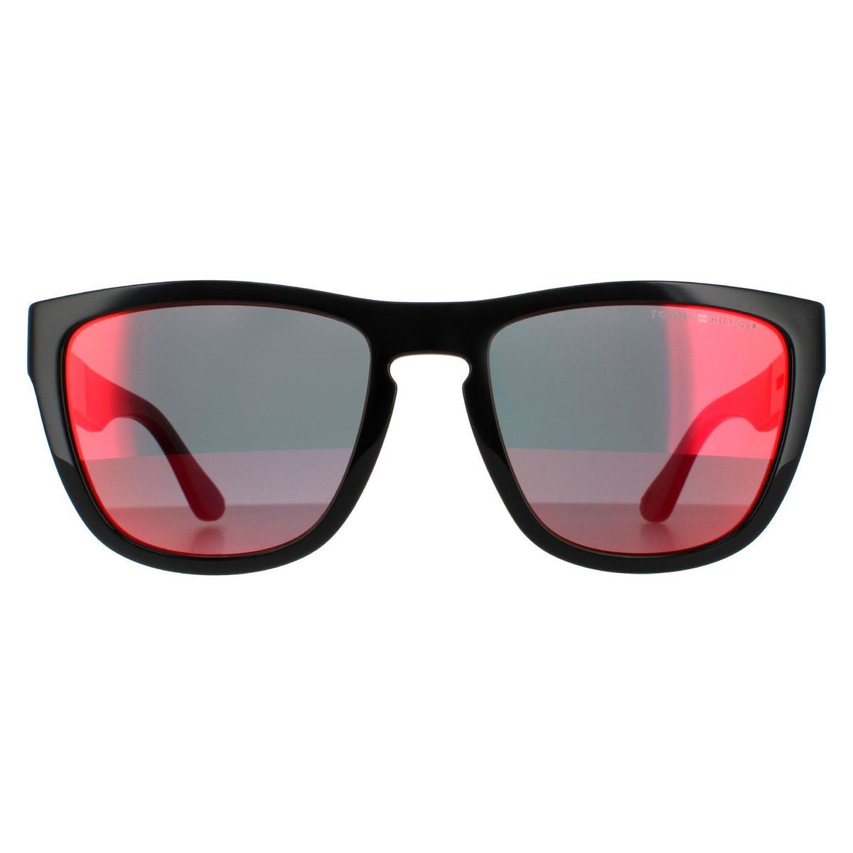 Schwarze Sonnenbrille mit eckigem Rahmen und rotem Spiegel