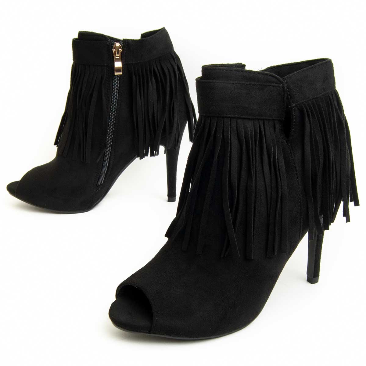 Schwarze Peep-Toe Fransen Stiefeletten
