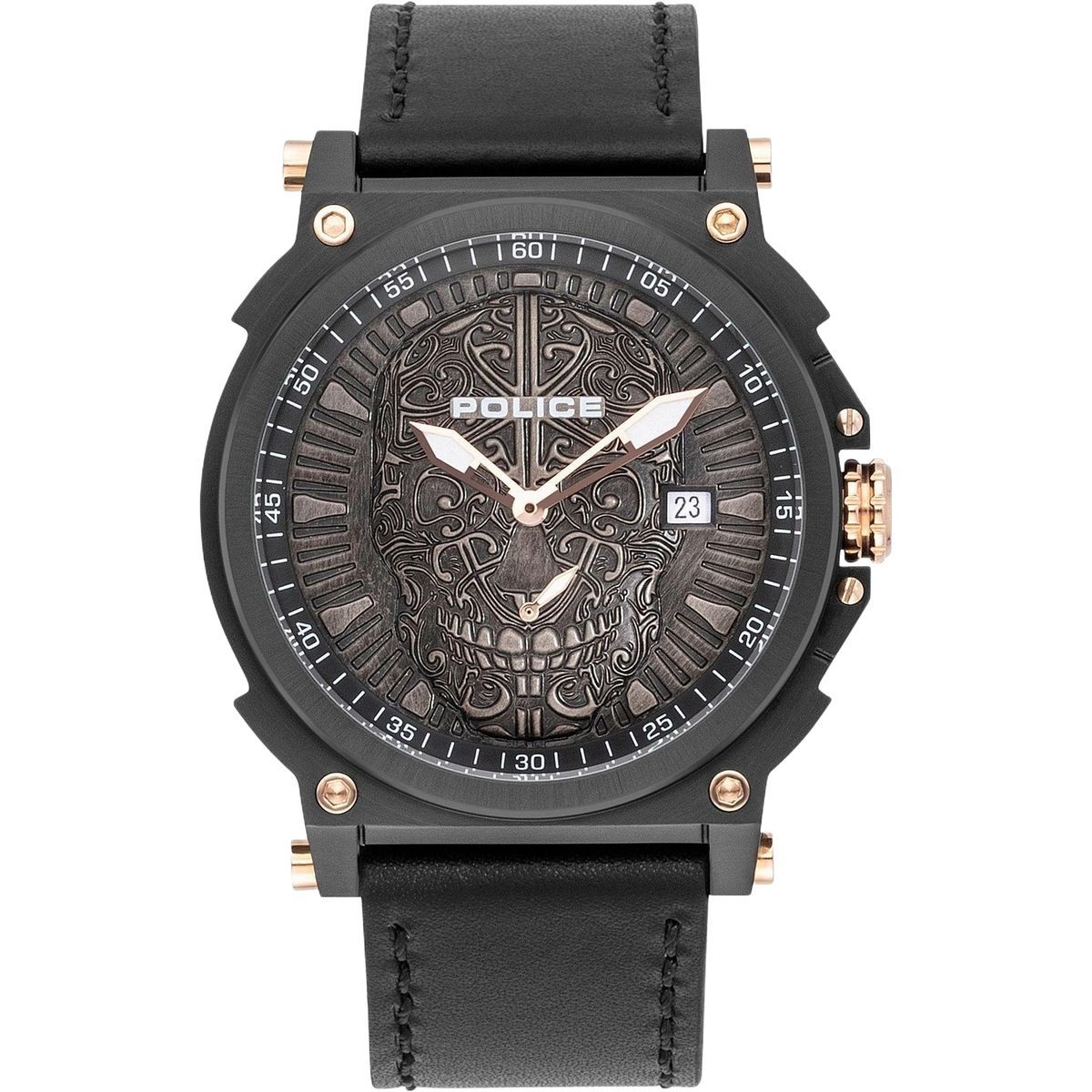 Uhr mit Totenkopfgesicht und Lederarmband