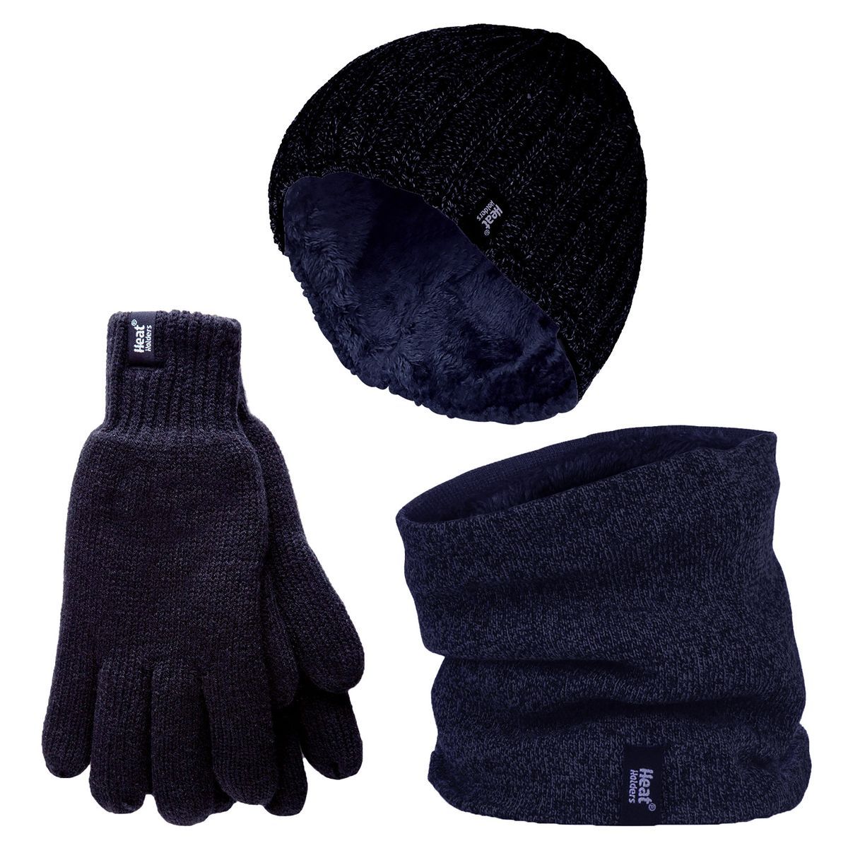 Herren Mütze, Halswärmer & Handschuhe Set | Wärmehalter | Winter gestrickt warme Accessoires Set - Navy