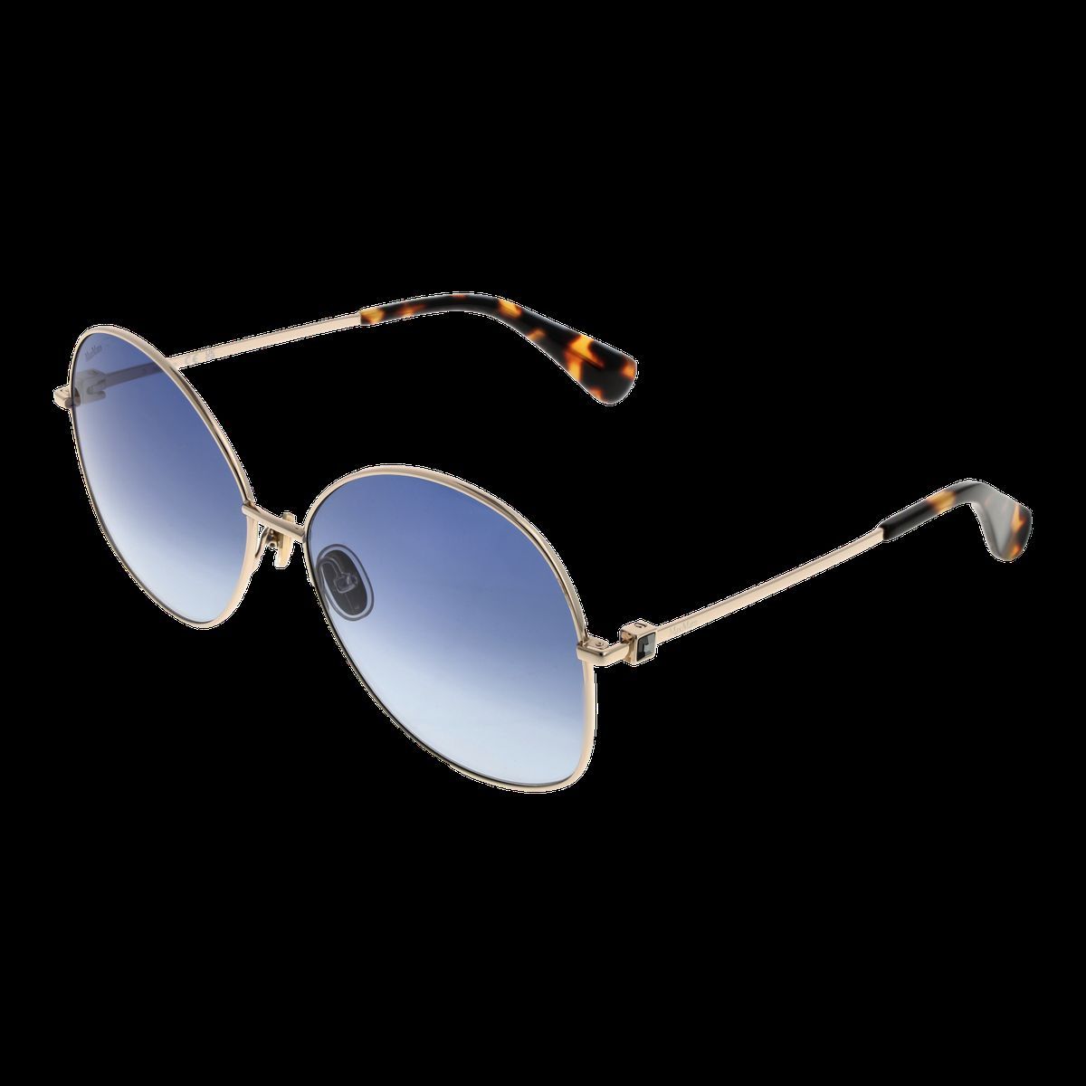 Runde, goldfarbene Sonnenbrille mit blauem Farbverlaufsglas