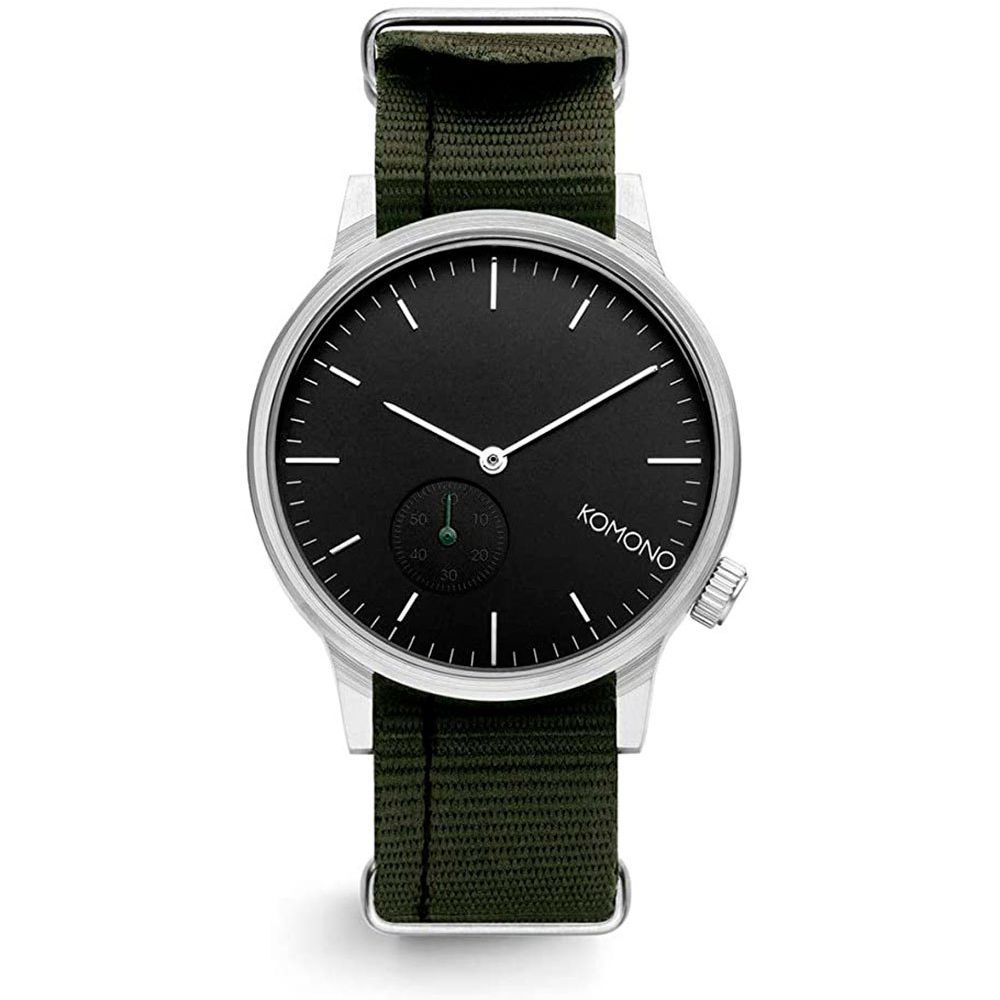 Minimalistische Uhr mit schwarzem Zifferblatt und NATO-Armband