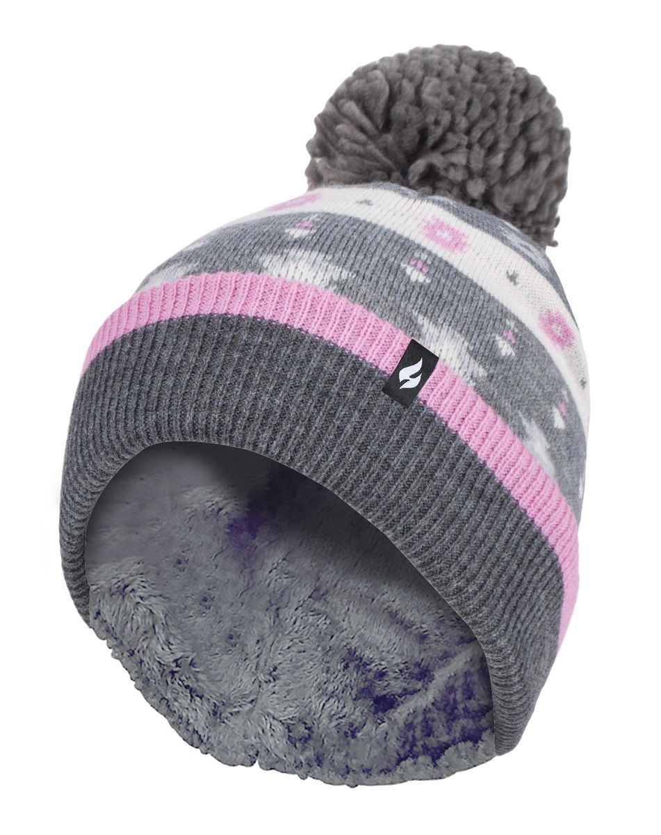 Heat Holders - Ladies Warm Knit Fleece gefüttert Winter Warme Mütze mit Pom Pom - Pink / Grau