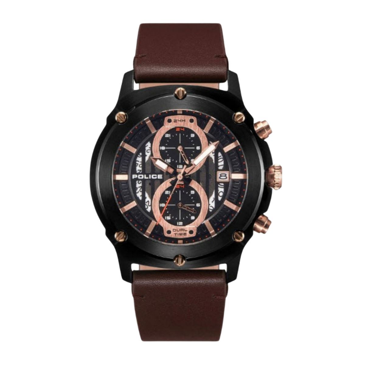 Multifunktionsuhr mit braunem Lederarmband