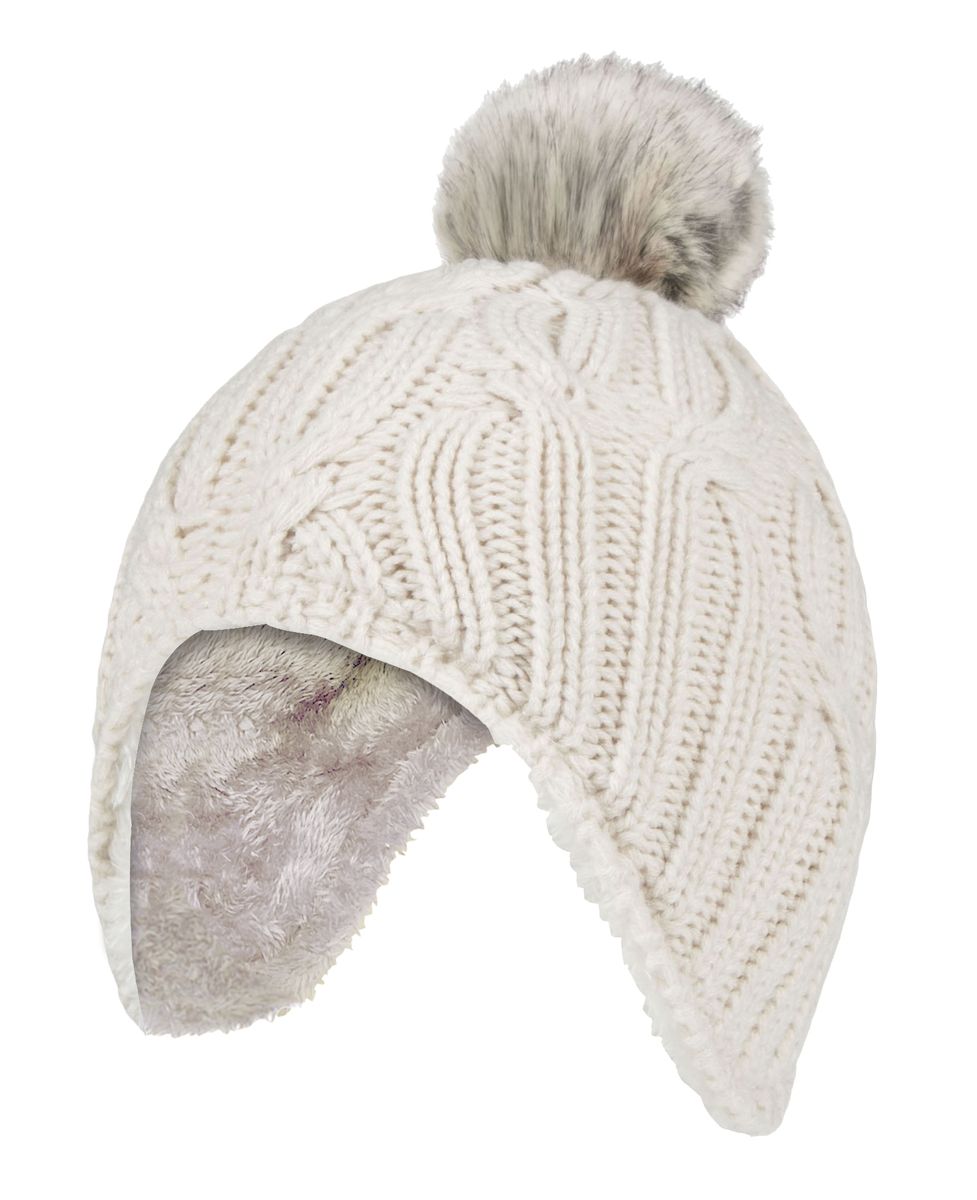Wärmehalter - Mädchen Kabel gestrickt Beanie-Mütze mit Pom Pom Bommel für Winter | warme thermisch isolierte Mütze - Buttercreme