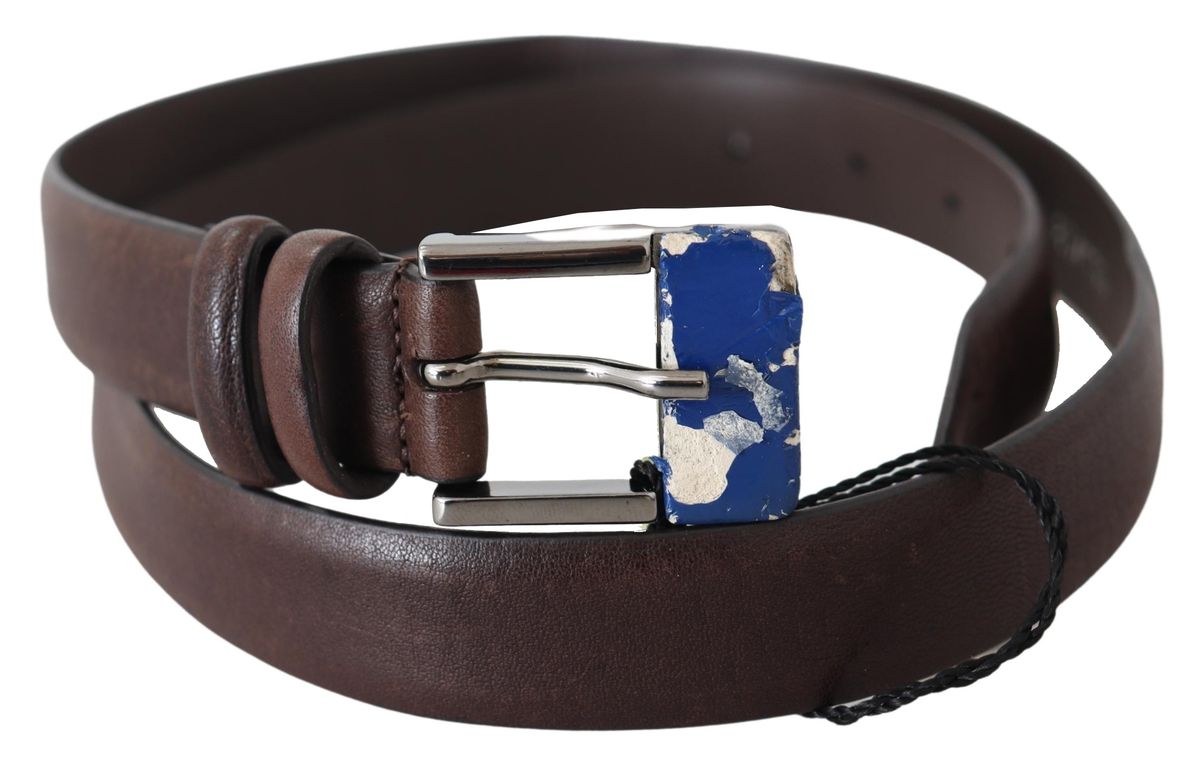 Costume National Ceinture à boucle argentée en cuir véritable marron pour femme
