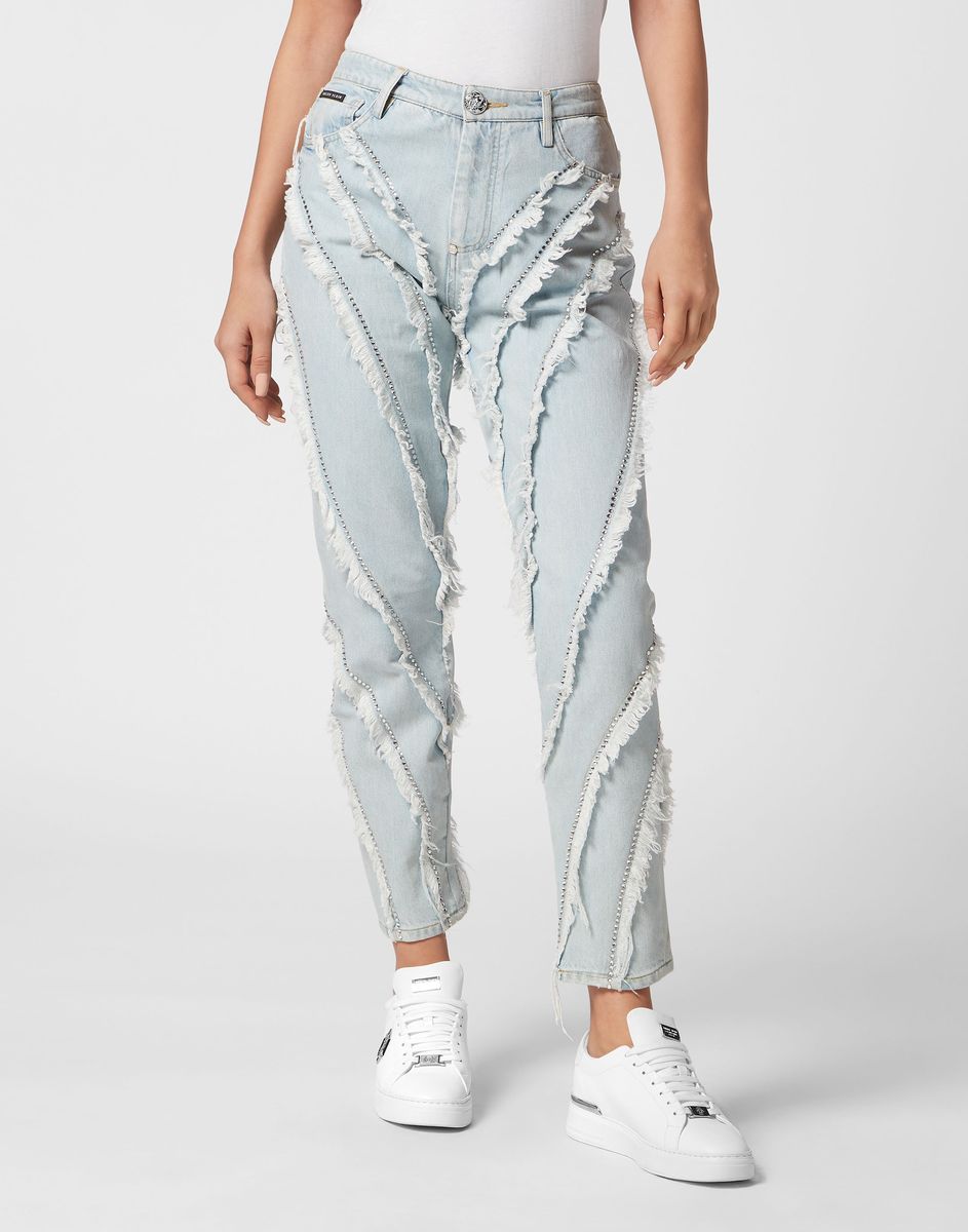 Mom Fit Jeans mit Fransen Stone Washed