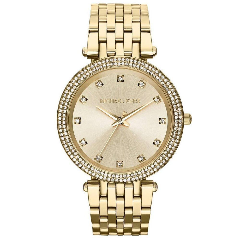 Elegante goldfarbene Uhr mit Kristallakzenten