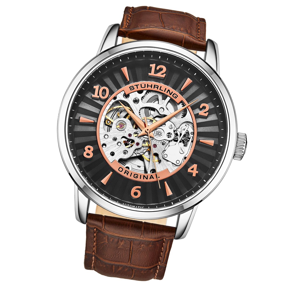 Automatikuhr mit Skelettzifferblatt und Lederarmband