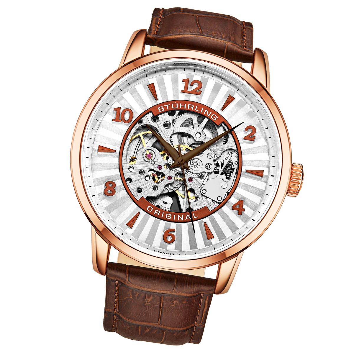 Automatikuhr mit Skelettzifferblatt und Lederarmband