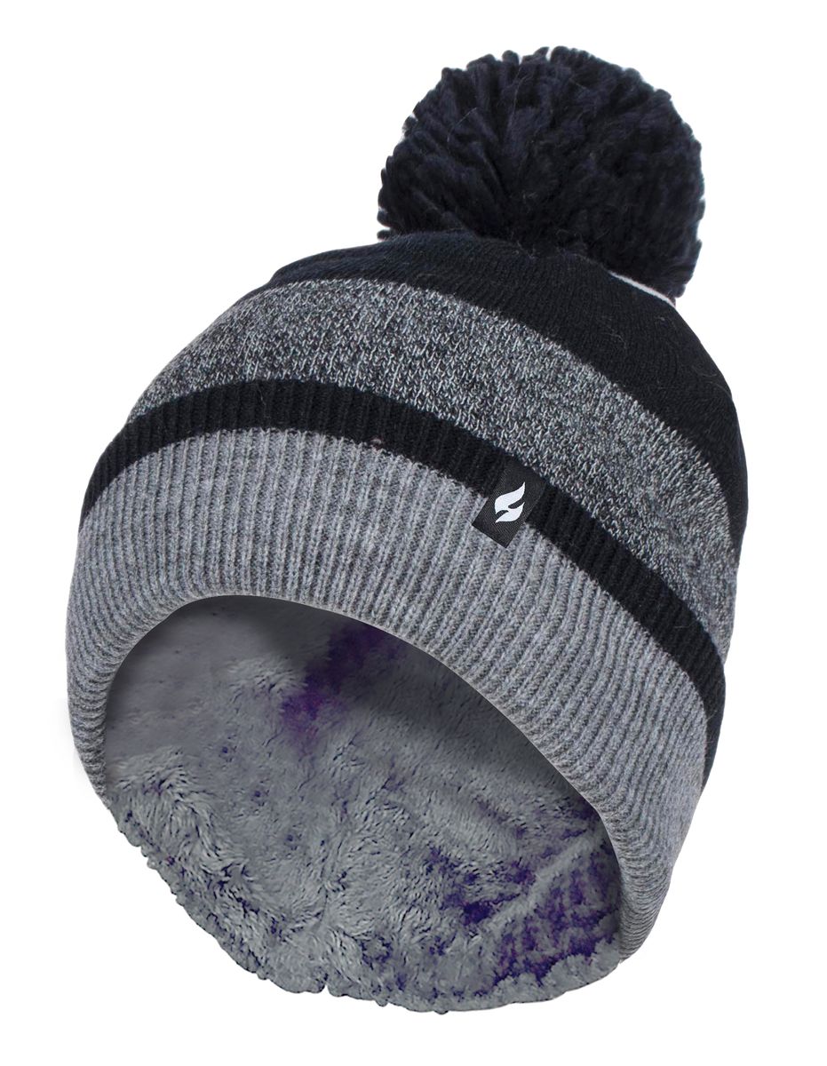 Heat Holders - Ladies Warm Knit Fleece gefüttert Winter Warm Hat mit Pom Pom - Schwarz / Grau