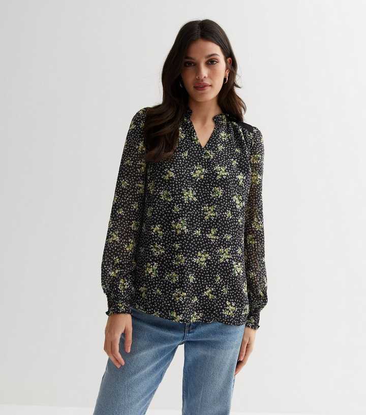 Geblümte Dobby Chiffon Langarm Bluse