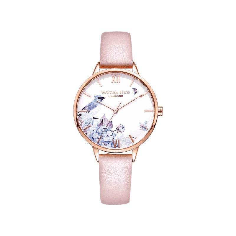 Blumenzifferblatt Damenuhr rosa Lederarmband