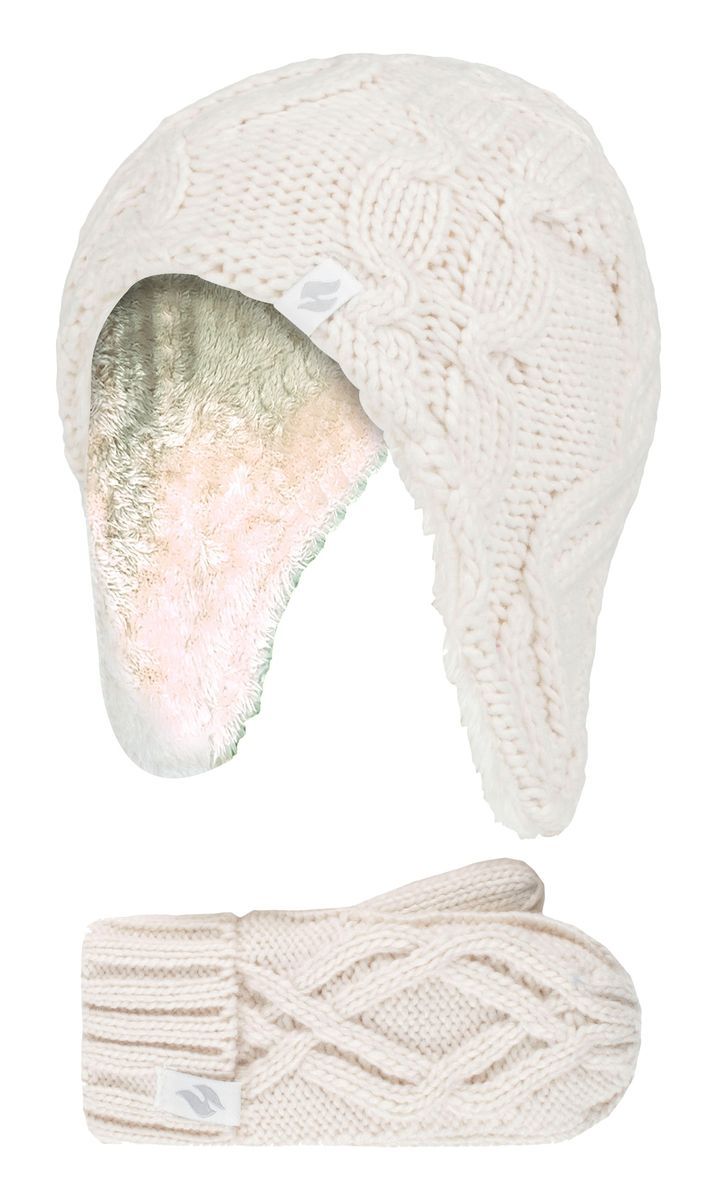 Wärmehalter - Mädchen Majestic Soft Cosy Kabel gestrickt Design Bobble Trapper Mütze und Fäustlinge Handschuhe Set - Buttercream