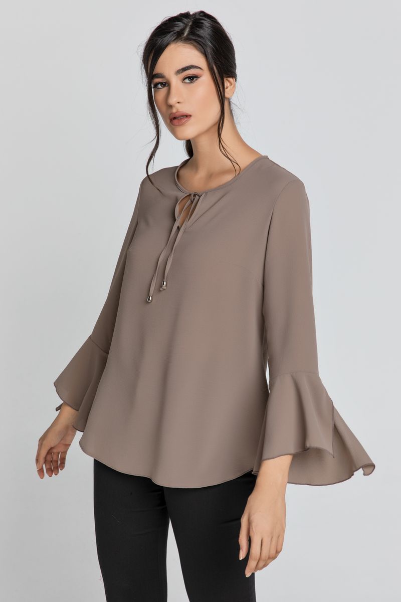 Fließende Glockenärmel Bluse mit Bindeband