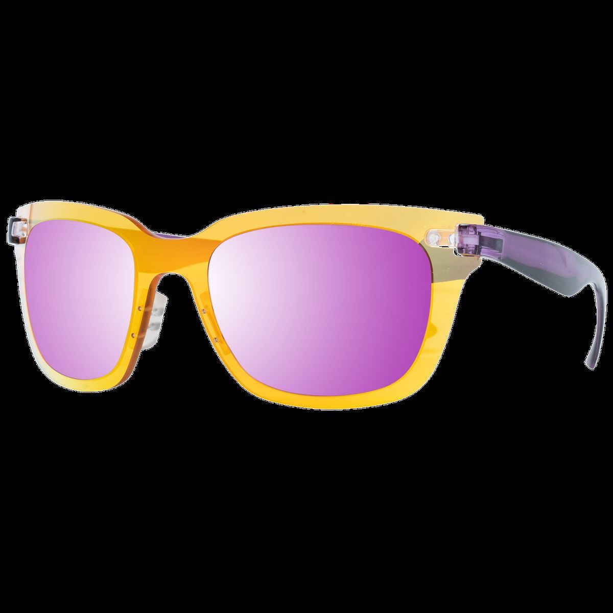 Rechteckige Sonnenbrille mit orangem Rahmen und rosa Gläsern