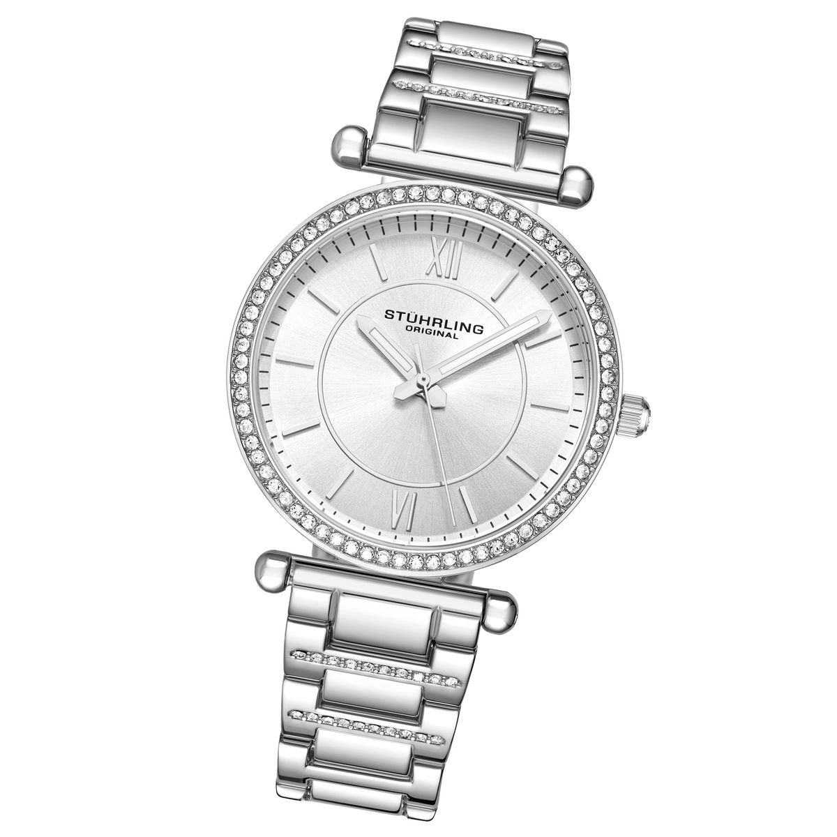 Kristallbesetzte silberne Armbanduhr