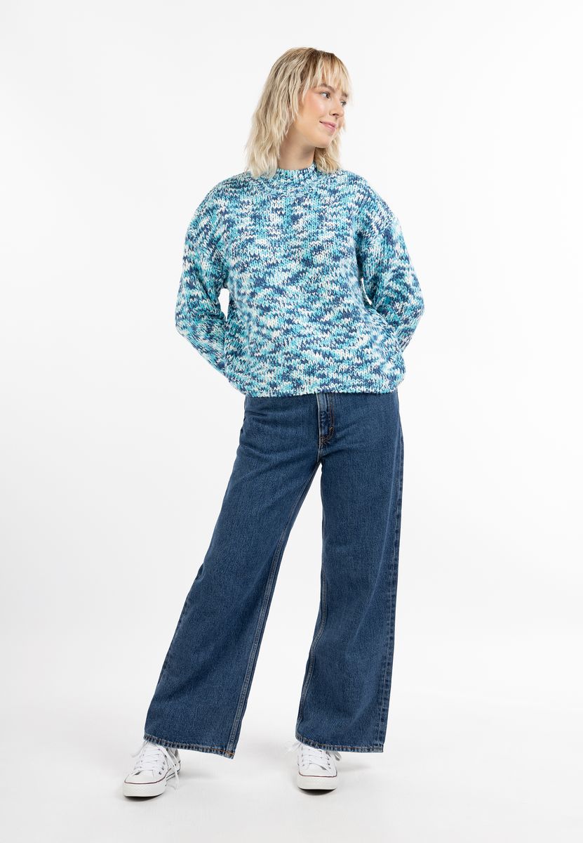 Melierter Grobstrickpullover mit Stehkragen