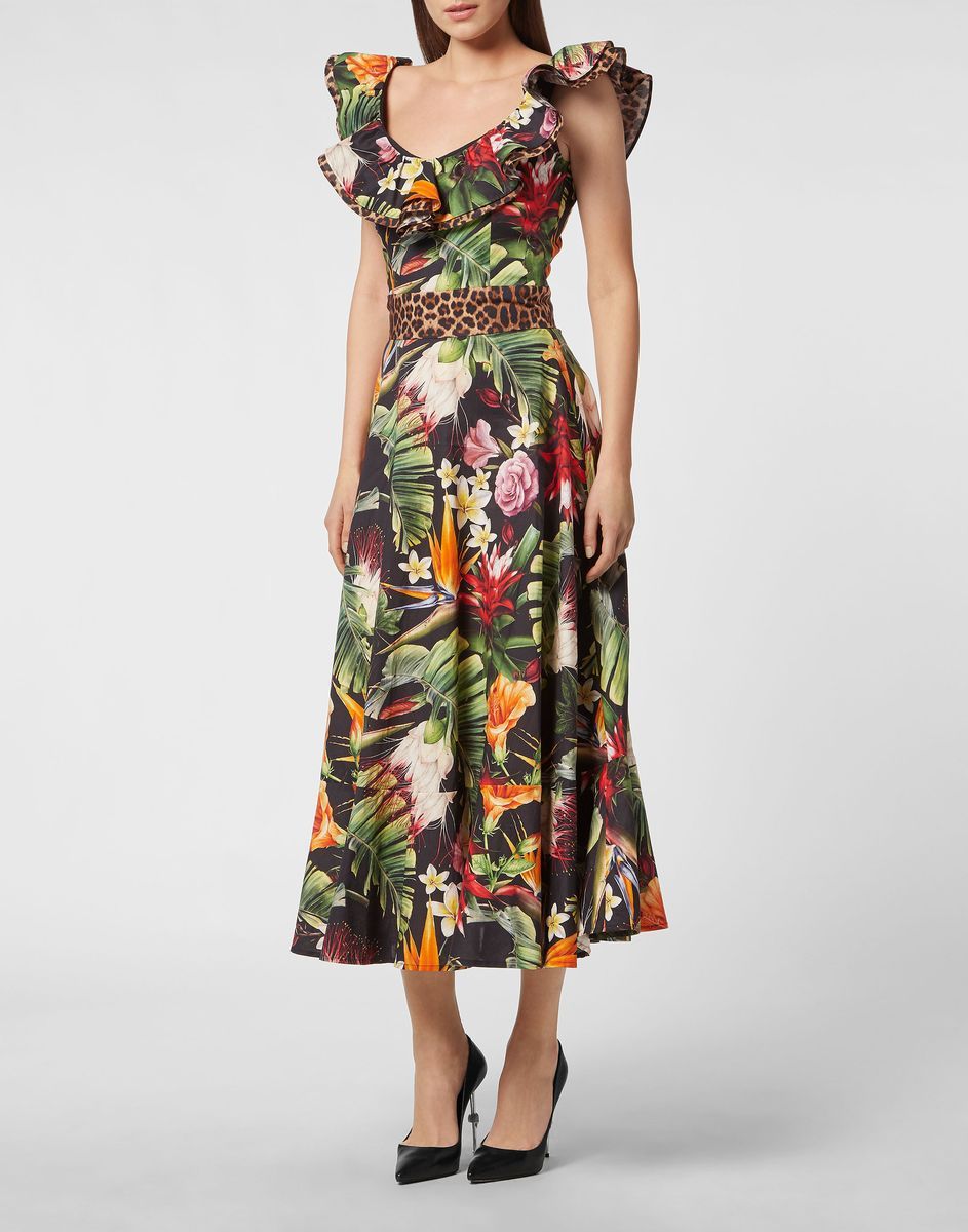 Baumwoll Popeline Midikleid mit Blumendruck