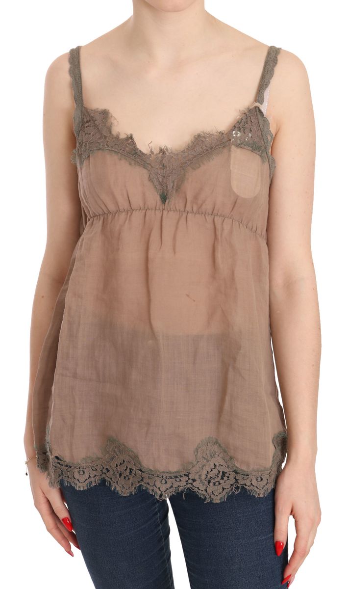 PINK MEMORIES Braune Spitzen-Spaghettiträgertop-Bluse mit tiefem Ausschnitt